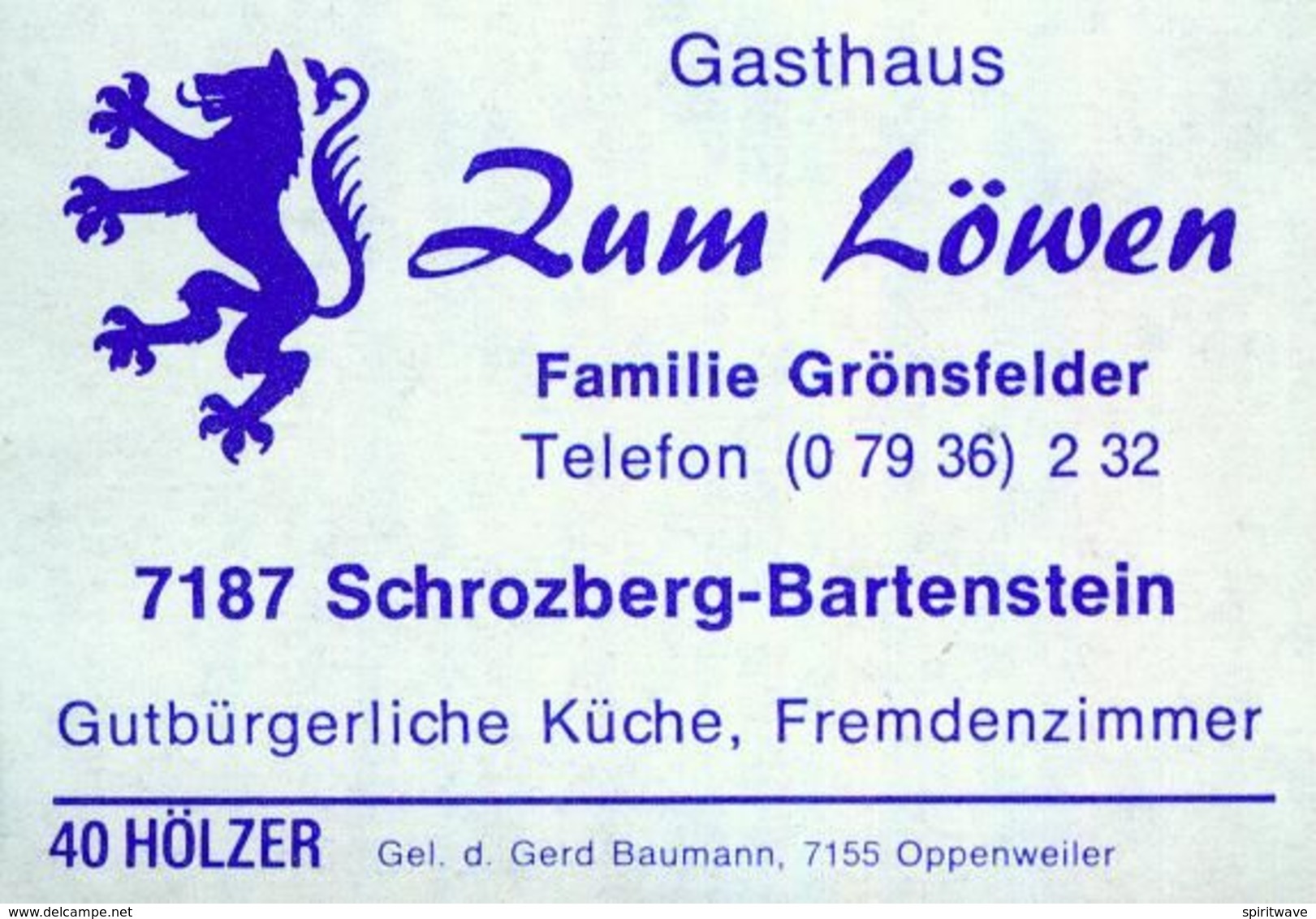 1 Altes Gasthausetikett, Gasthaus Zum Löwen, Familie Grönsfelder, 7187 Schrozberg-Bartenstein #857 - Matchbox Labels