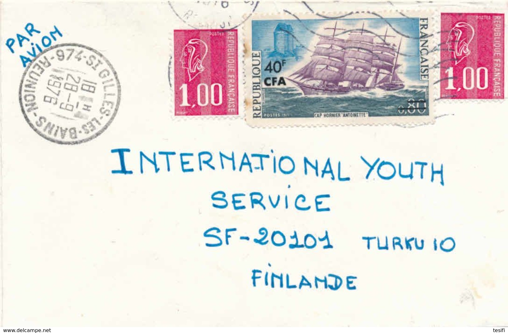 France Reunion 1976 A Cover To Finland, Illegal Use Of CFA Stamp, Round Stamp's Corner - Covers & Documents