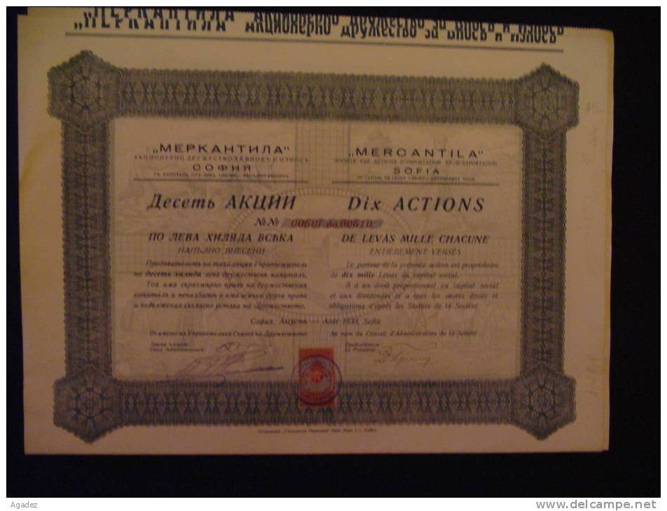 Titre De 10 Actions "Mercantila" Sté Par Actions D'importation Et D'exportation Sofia ( Bulgarie) 1933 Bulgaria. - Bank & Insurance