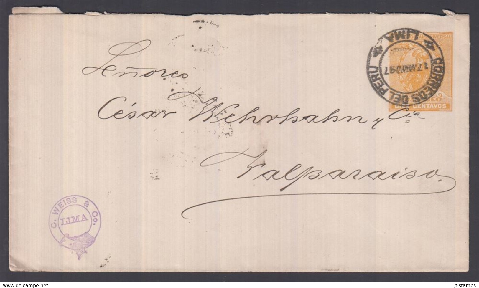 1897. PERU. Envelope 2 DOS CENTAVOS. To Valparariso, Chile From LIMA 17. MAY 1897. Ad... () - JF362271 - Perú