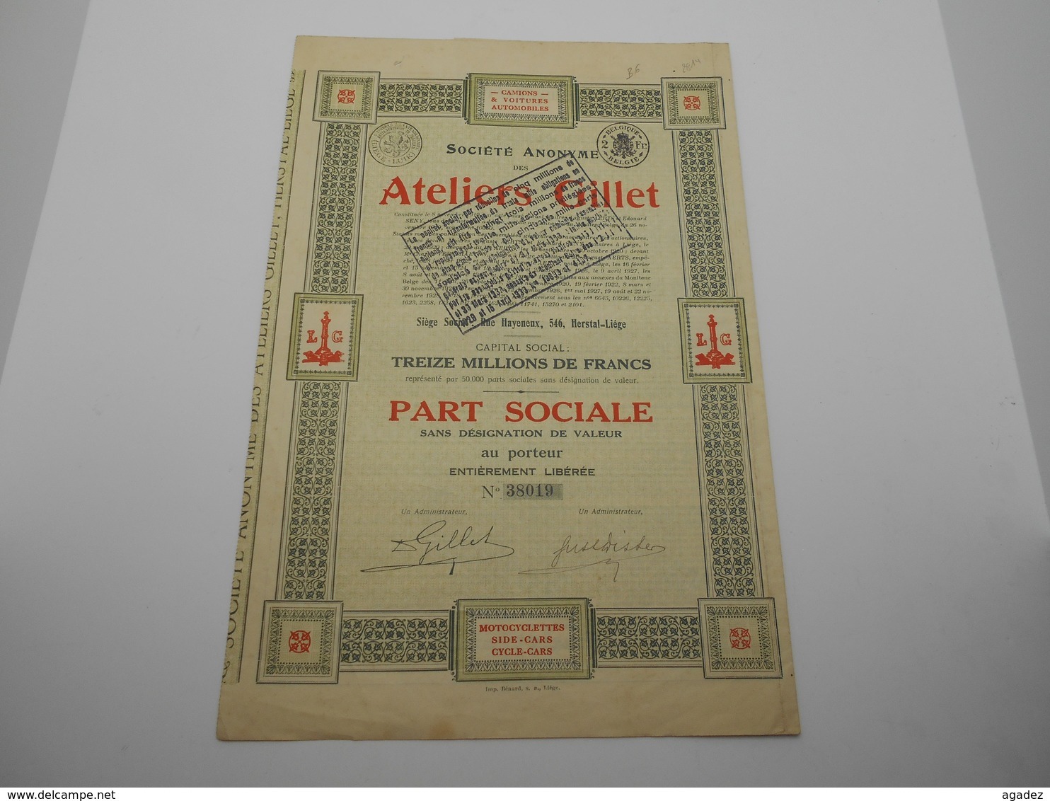 Part Sociale " Les Ateliers Gillet " Herstal Liège  1929  (industrie Automobiles,cyclomoteurs Voitures,side Cars,). - Automovilismo