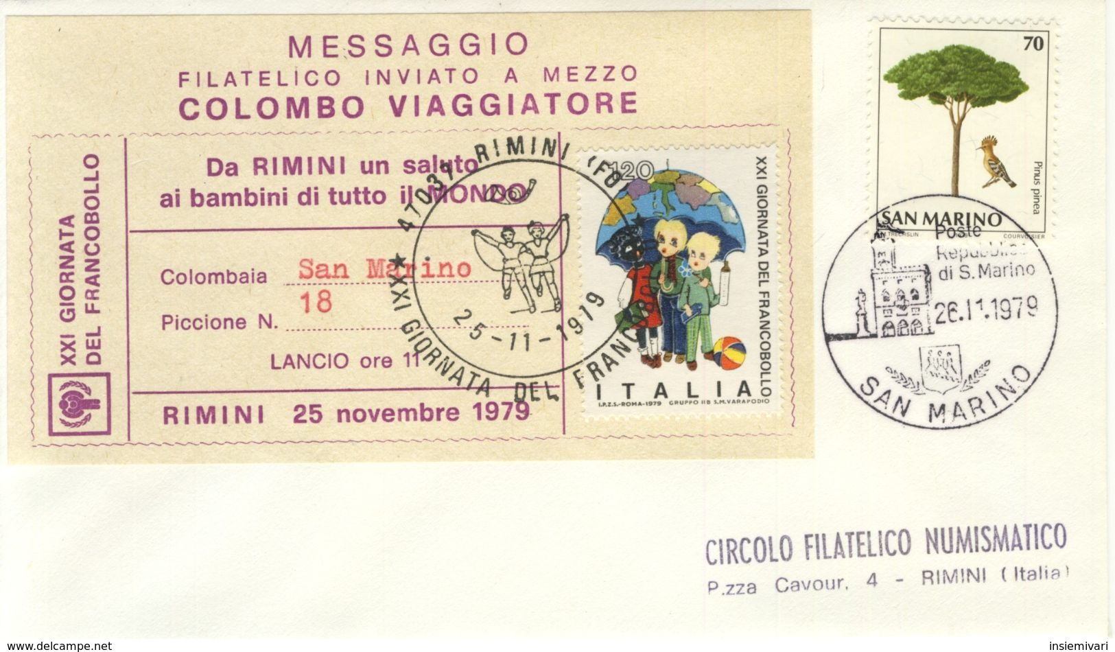 ITALIA 1979 - MESSAGGIO FILATELICO INVIATO A MEZZO COLOMBO VIAGGIATORE Su Busta SAN MARINO. - Autres (Air)