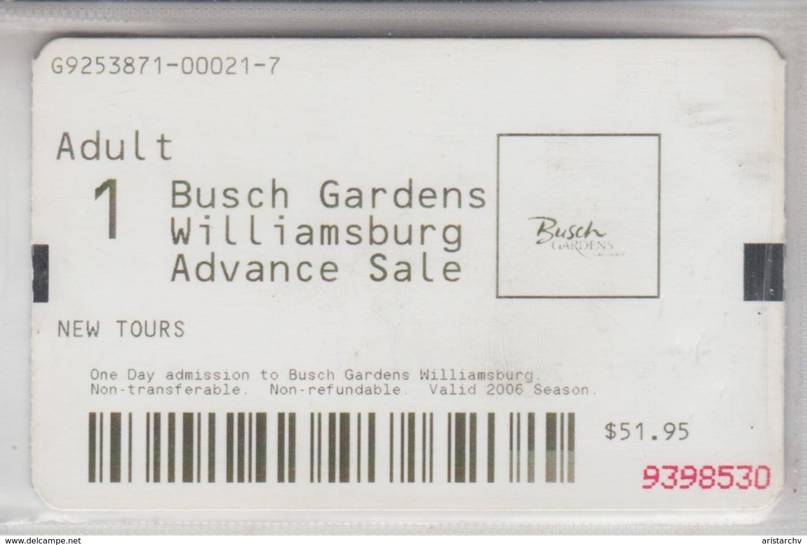 USA BUSH GARDENS WILLIAMSBURG TICKET - Other & Unclassified