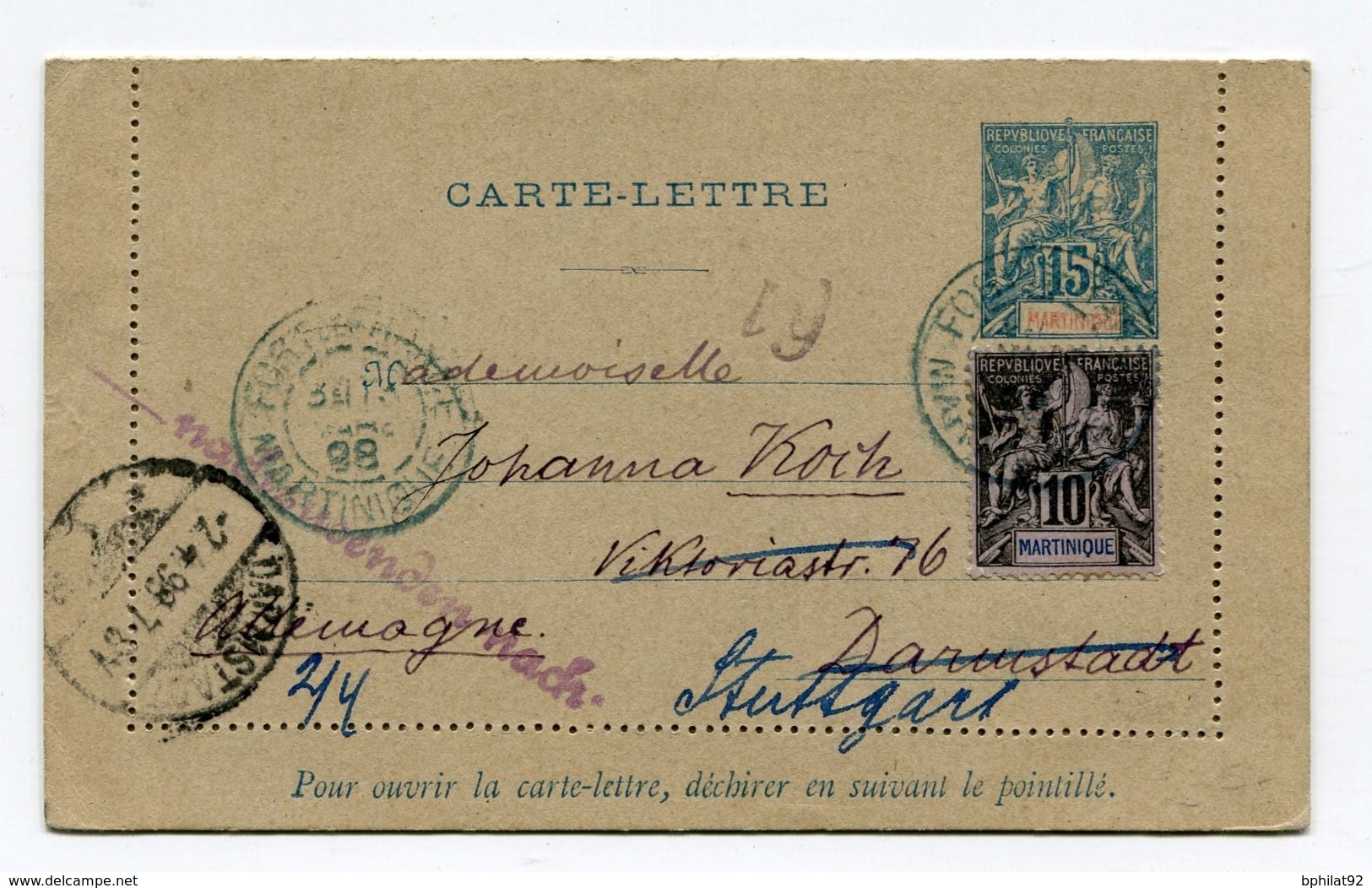 !!! MARTINIQUE, ENTIER POSTAL DE FORT DE FRANCE POUR L'ALLEMAGNE DE 1898 - Brieven En Documenten