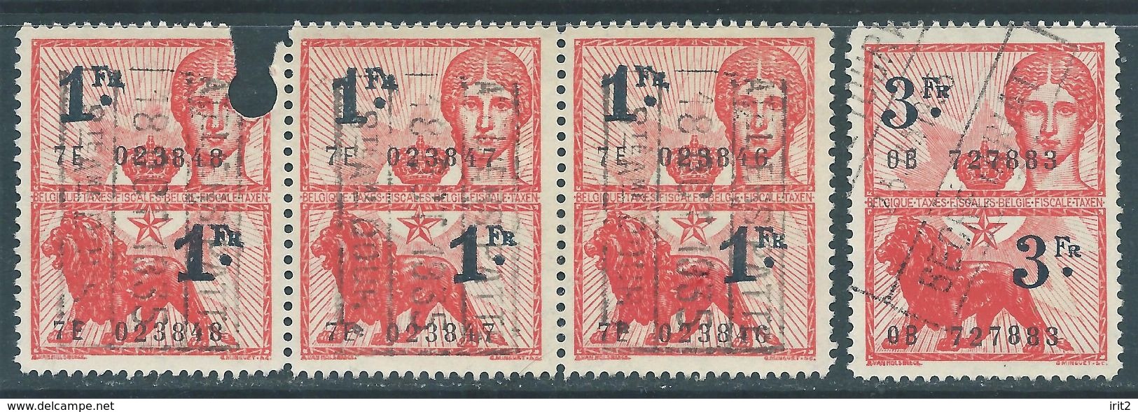 BELGIO BELGIUM BELGIE BELGIQUE,Revenue Stamps Tax - 1.Fr In Blocks And 3.Fr Used - Stamps