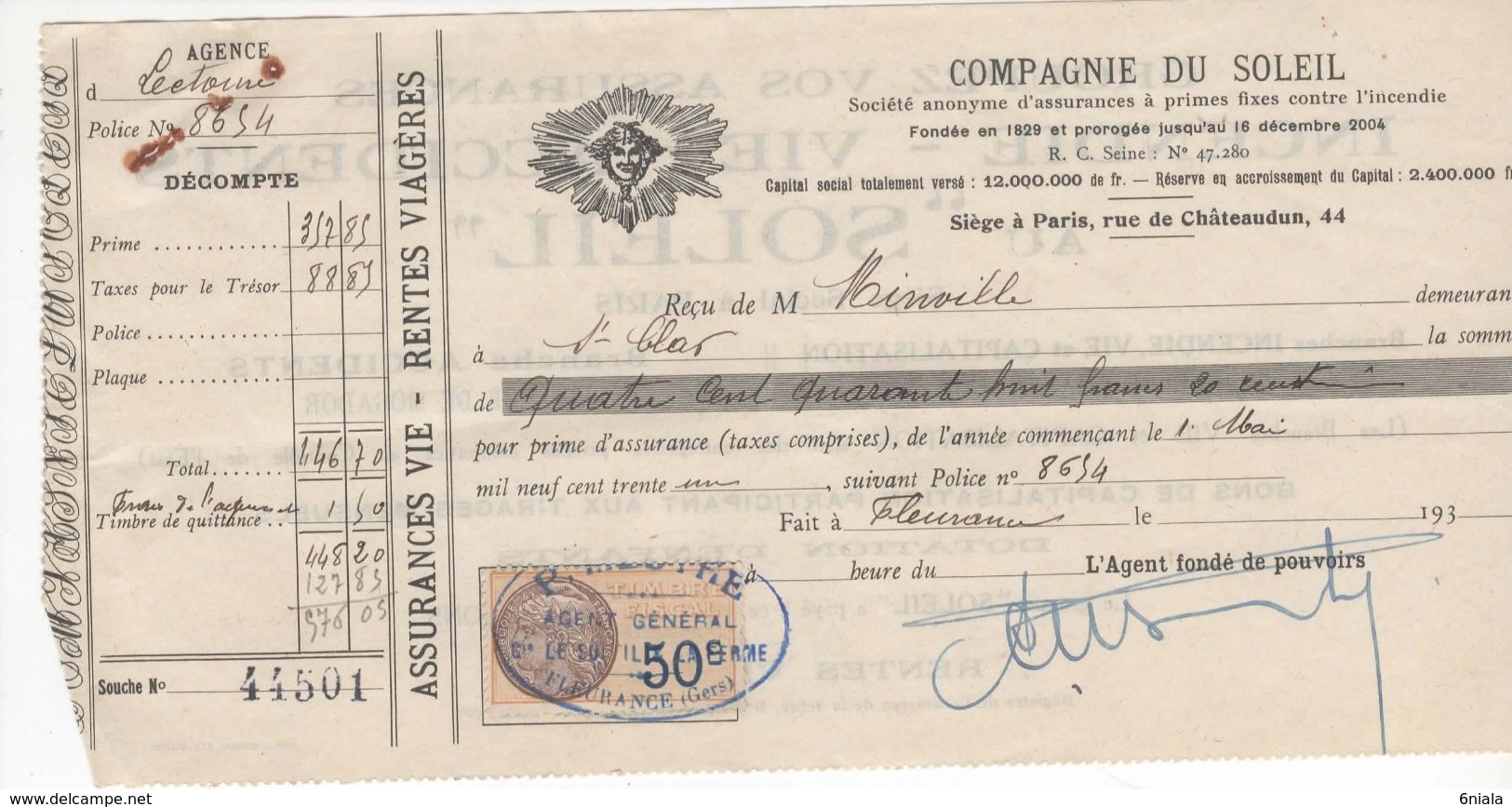 1475 QUITTANCE FACTURE Assurance Compagnie Du Soleil  1931  MESTHE 32 Lectoure Fleurance Gers   Timbre Fiscal - Bank & Versicherung