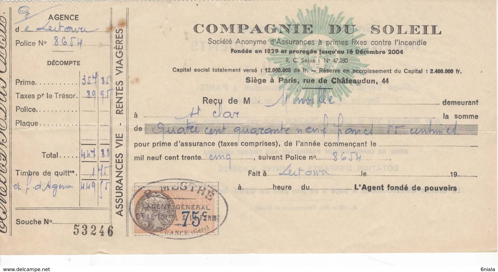 1476 QUITTANCE FACTURE Assurance Compagnie Du Soleil  1935  MESTHE 32 Lectoure Fleurance Gers   Timbre Fiscal - Bank & Insurance