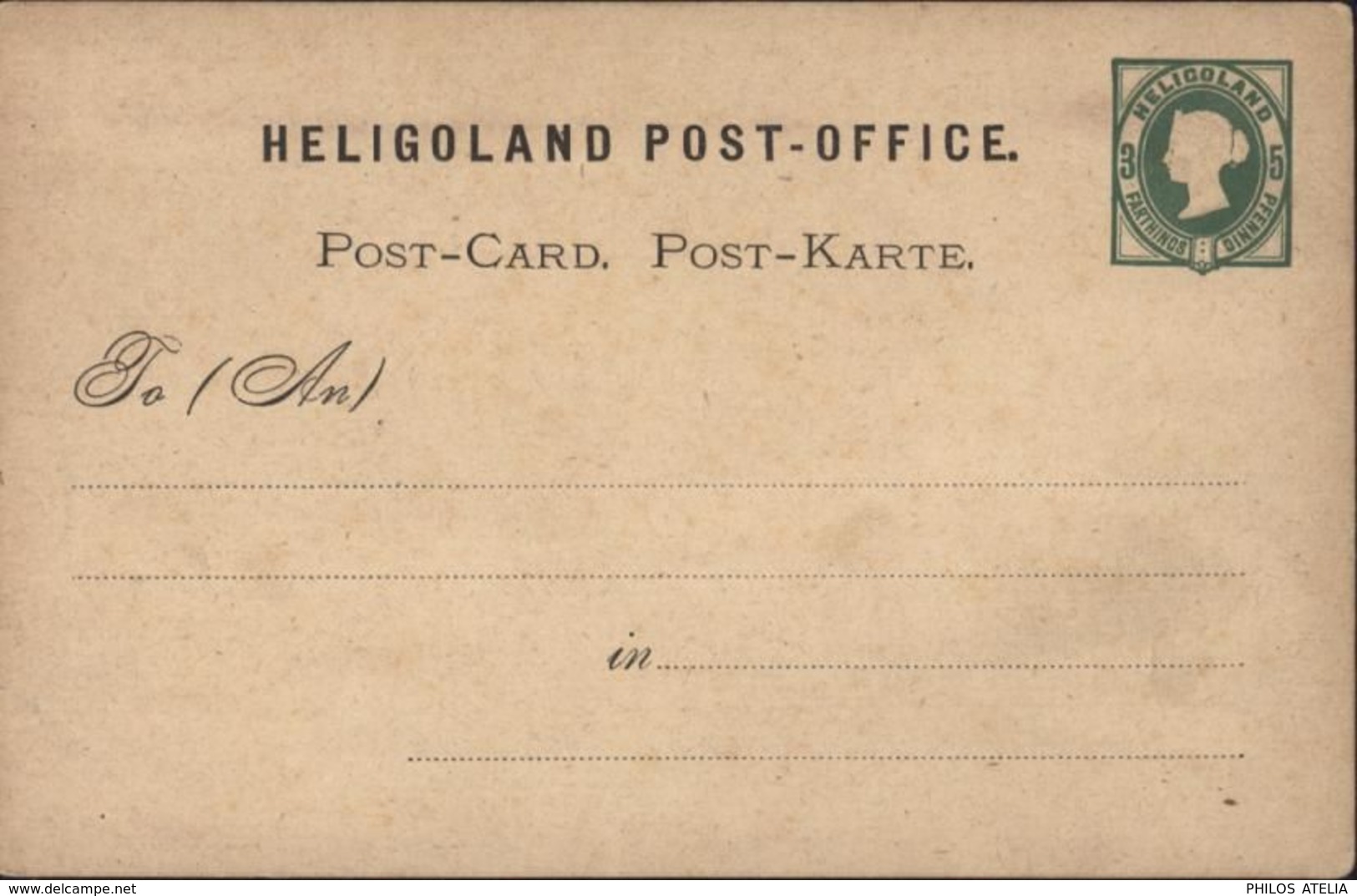 Heligoland Post Office Post Card Entier 3 Farthings 5 Pf Victoria En Relief Gauffrée Vert Neuf - Heligoland (1867-1890)