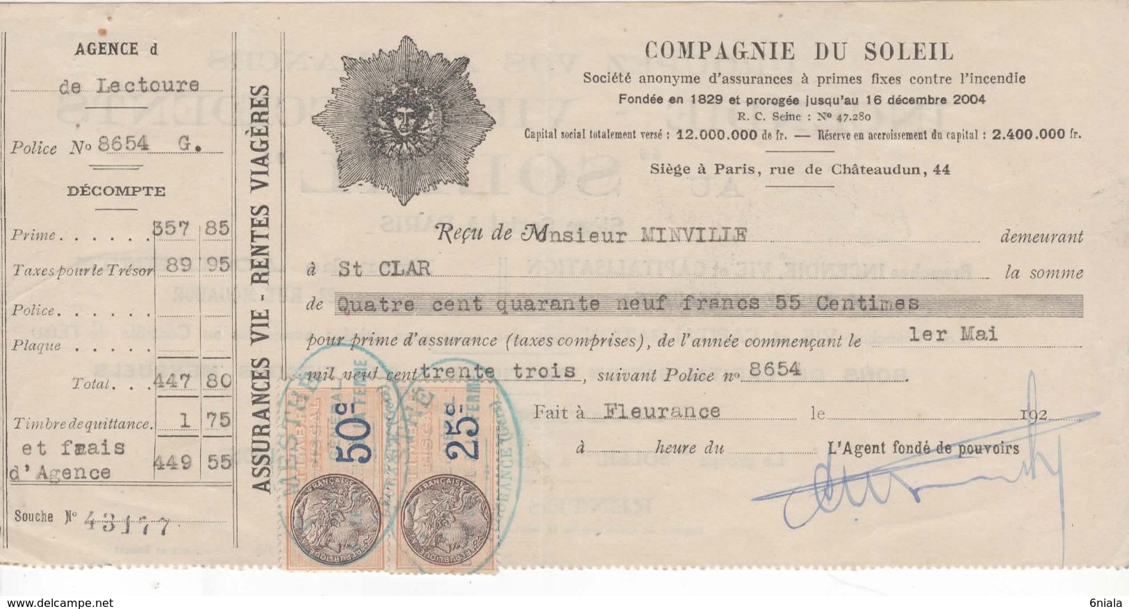 1478 QUITTANCE FACTURE Assurance Compagnie Du Soleil  1933  MESTHE 32 Lectoure Fleurance Gers   Timbre Fiscal - Banque & Assurance