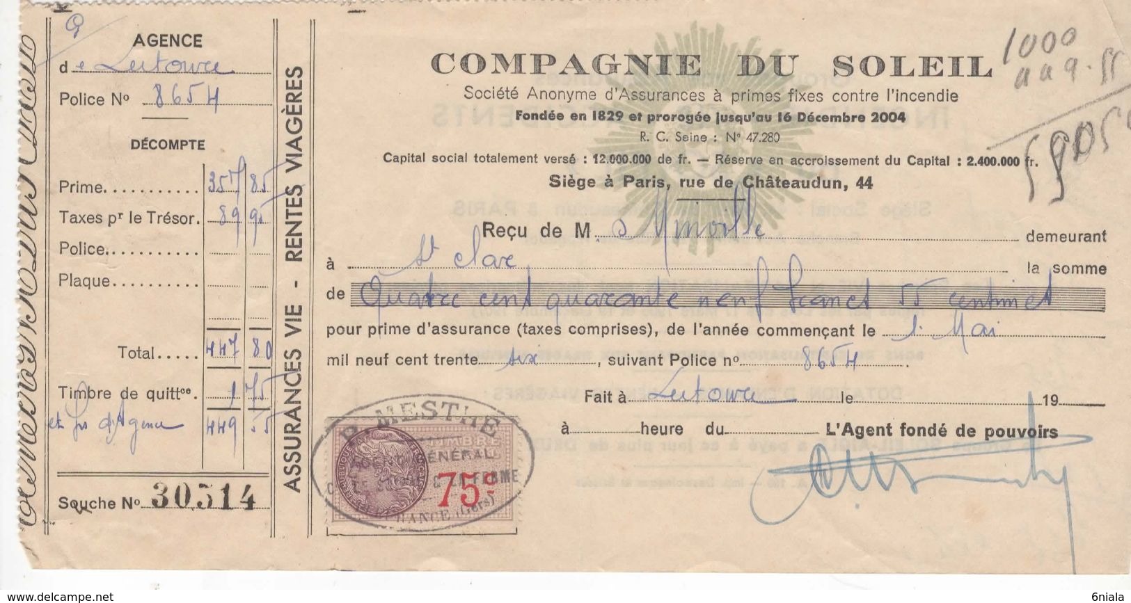 1479 QUITTANCE FACTURE Assurance Compagnie Du Soleil  1936  MESTHE 32 Lectoure Fleurance Gers   Timbre Fiscal - Banque & Assurance