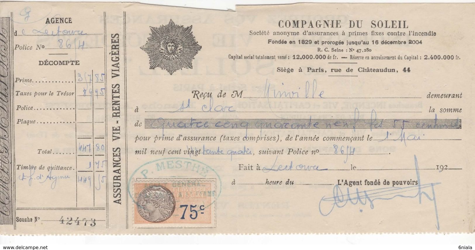 1480 QUITTANCE FACTURE Assurance Compagnie Du Soleil  1934  MESTHE 32 Lectoure Fleurance Gers   Timbre Fiscal - Bank & Insurance