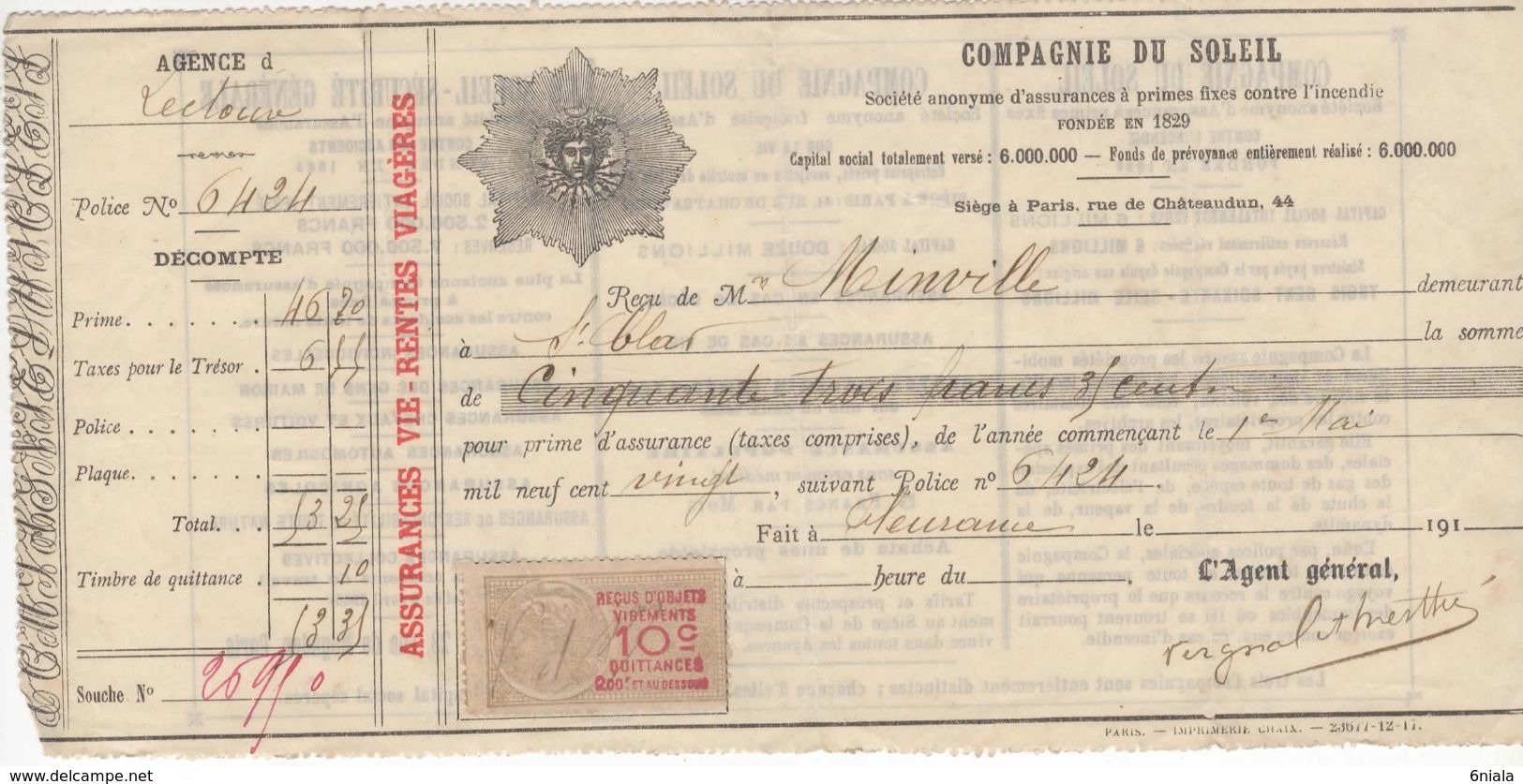 1481 QUITTANCE FACTURE Assurance Compagnie Du Soleil  1920  MESTHE 32 Lectoure Fleurance Gers   Timbre Fiscal - Bank En Verzekering