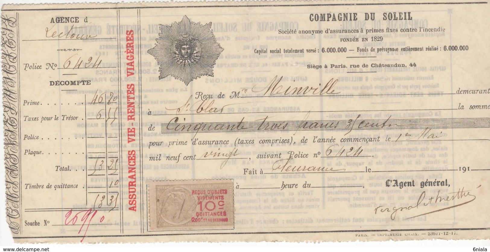 1481 QUITTANCE FACTURE Assurance Compagnie Du Soleil  1920  MESTHE 32 Lectoure Fleurance Gers   Timbre Fiscal - Banque & Assurance