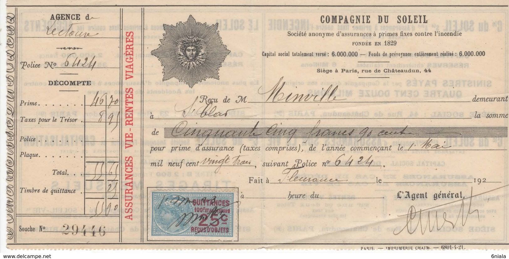 1483 QUITTANCE FACTURE Assurance Compagnie Du Soleil  1923  MESTHE 32 Lectoure Fleurance St Clar Gers   Timbre Fiscal - Banque & Assurance