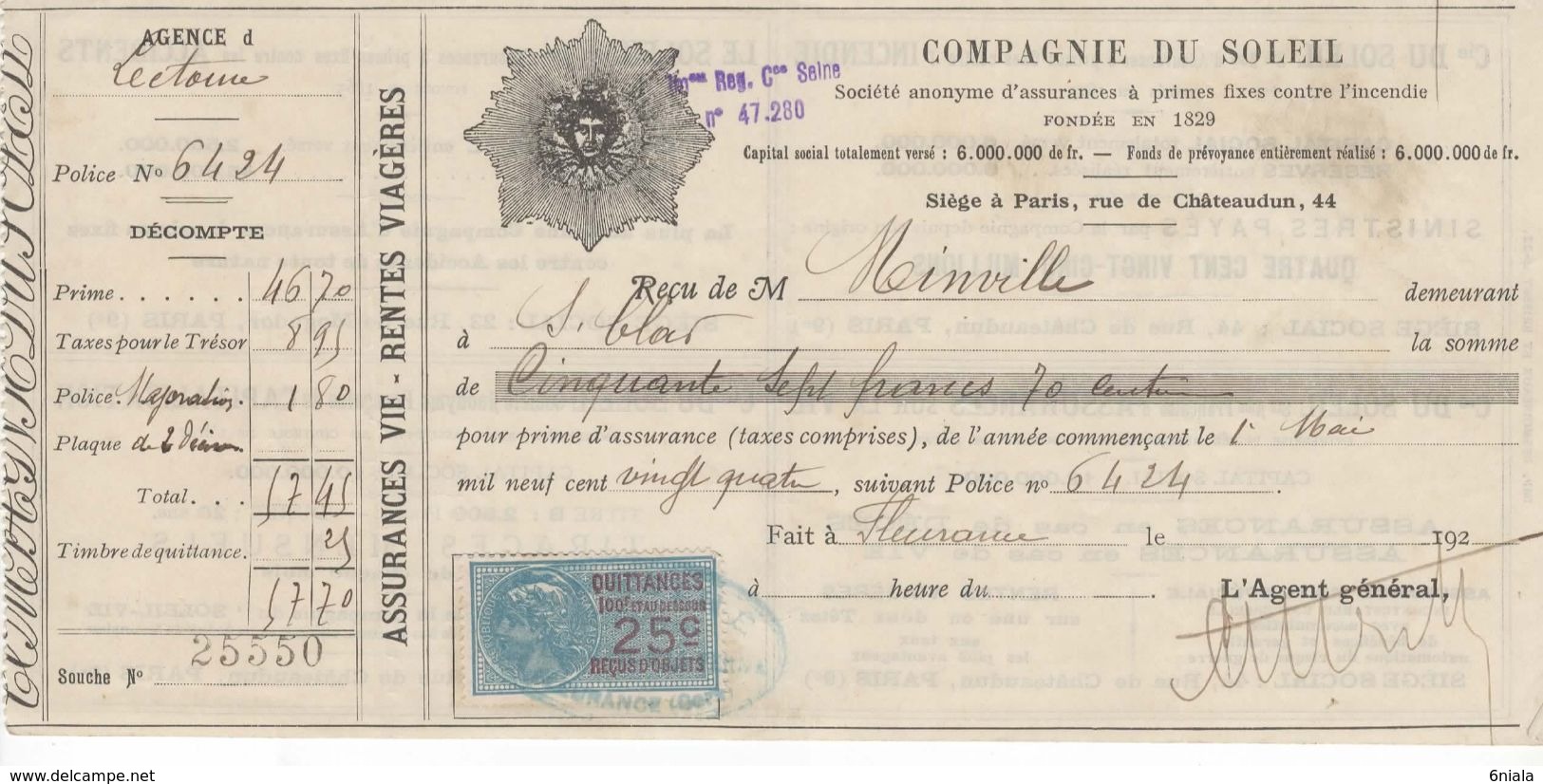 1484 QUITTANCE FACTURE Assurance Compagnie Du Soleil  1924  MINVILLE 32 Lectoure Fleurance St Clar Gers   Timbre Fiscal - Bank & Insurance