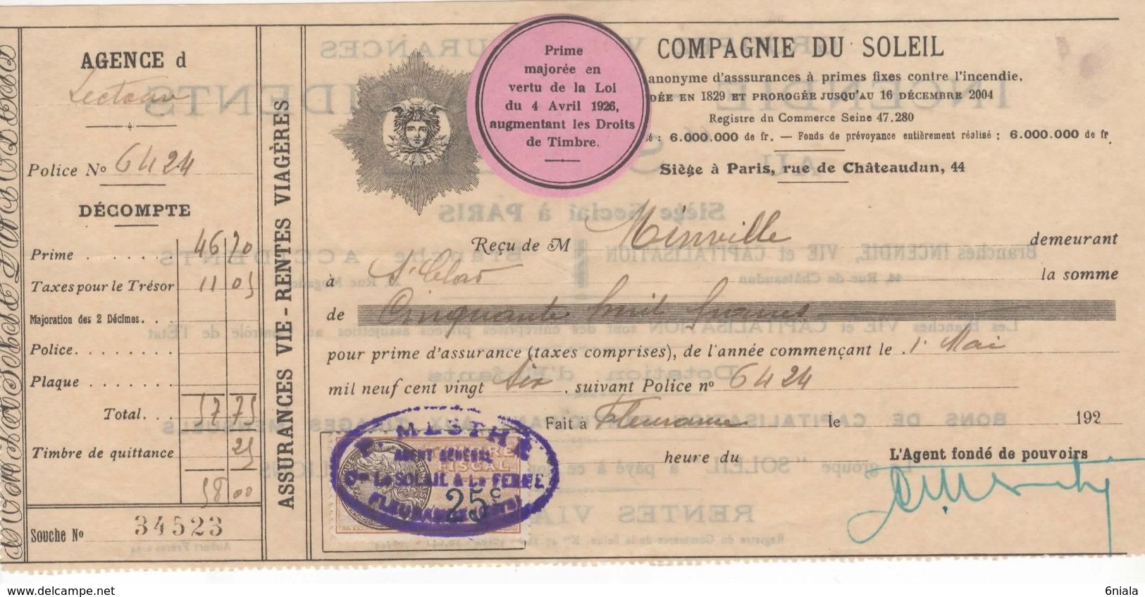 1486 QUITTANCE FACTURE Assurance Compagnie Du Soleil  1926  MESTHE 32 Lectoure Fleurance St Clar Gers   Timbre Fiscal - Banque & Assurance