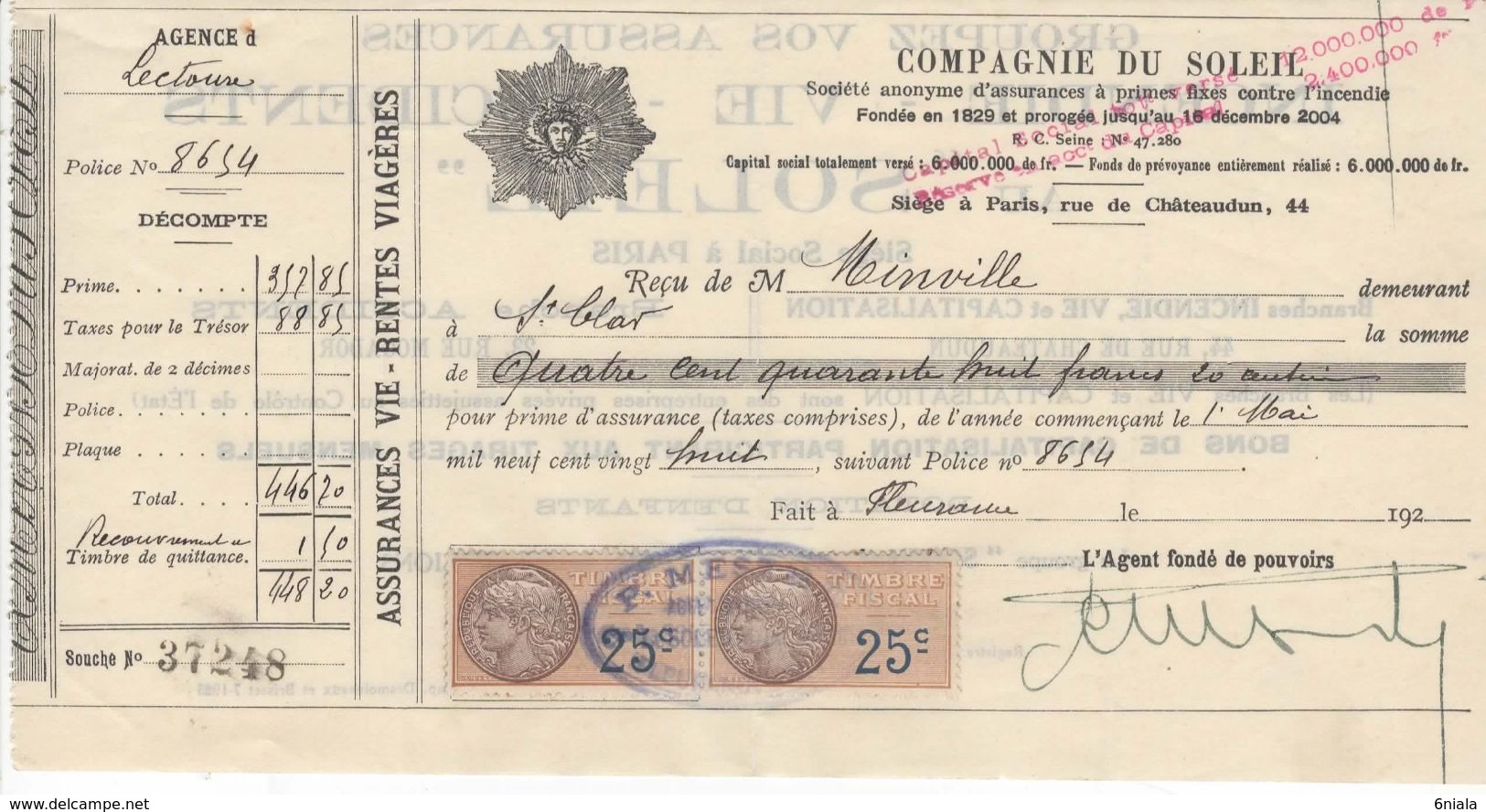 1487 QUITTANCE FACTURE Assurance Compagnie Du Soleil  1928  MESTHE 32 Lectoure Fleurance St Clar Gers   Timbre Fiscal - Banque & Assurance