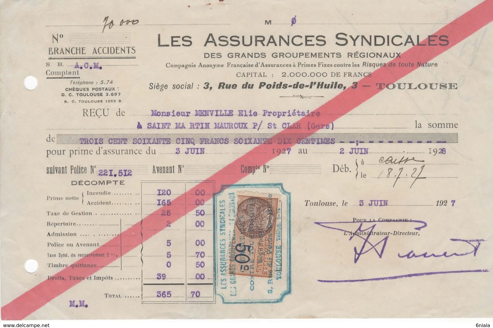 1488 QUITTANCE FACTURE Assurance Syndicales TOULOUSE 1927 32 St Martin St Clar Mauroux Gers Timbre Fiscal - Bank En Verzekering