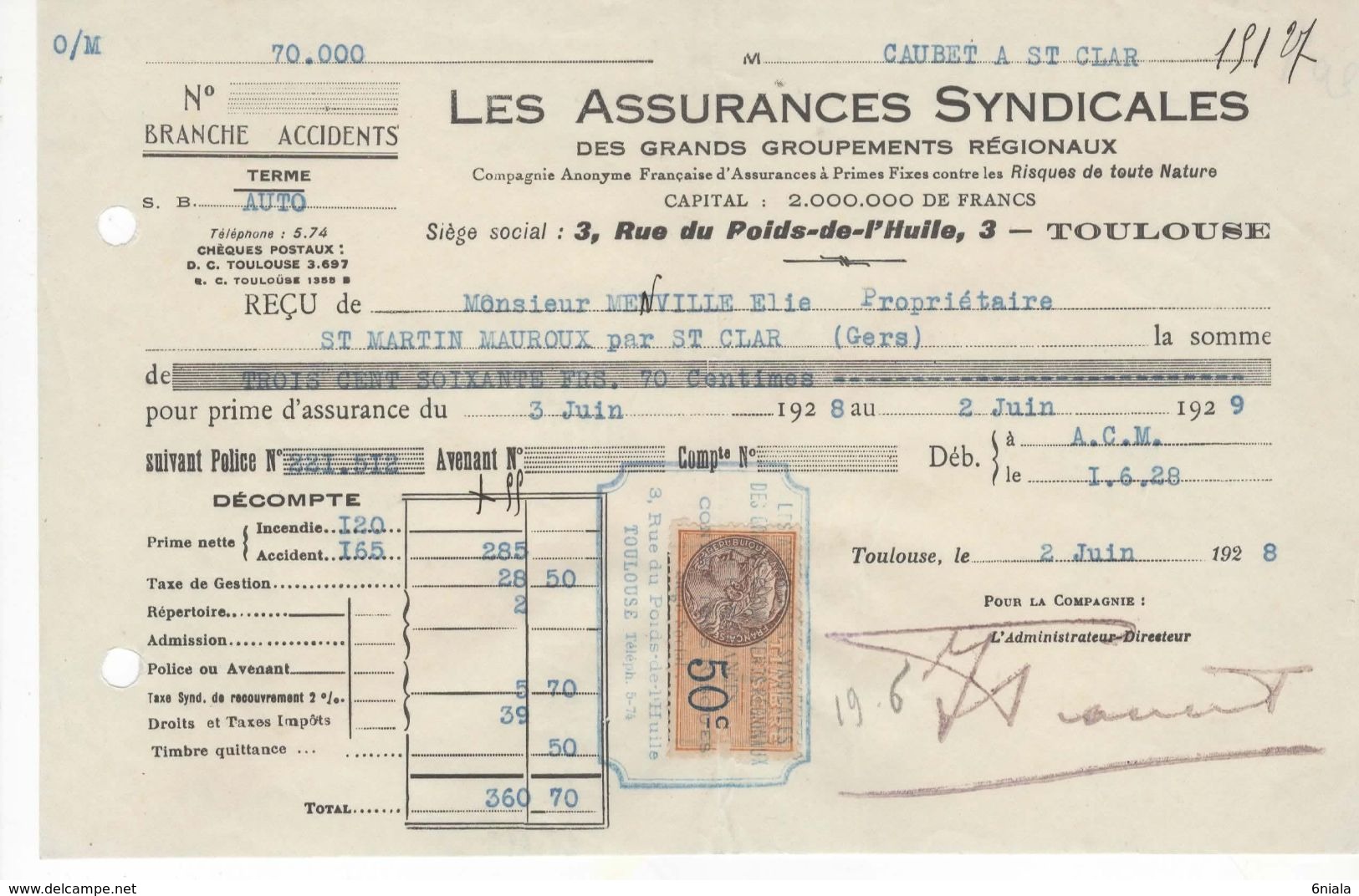1489 QUITTANCE FACTURE Assurance Syndicales TOULOUSE 1928 AUTO 32 St Martin St Clar Mauroux Gers Timbre Fiscal - Banco & Caja De Ahorros
