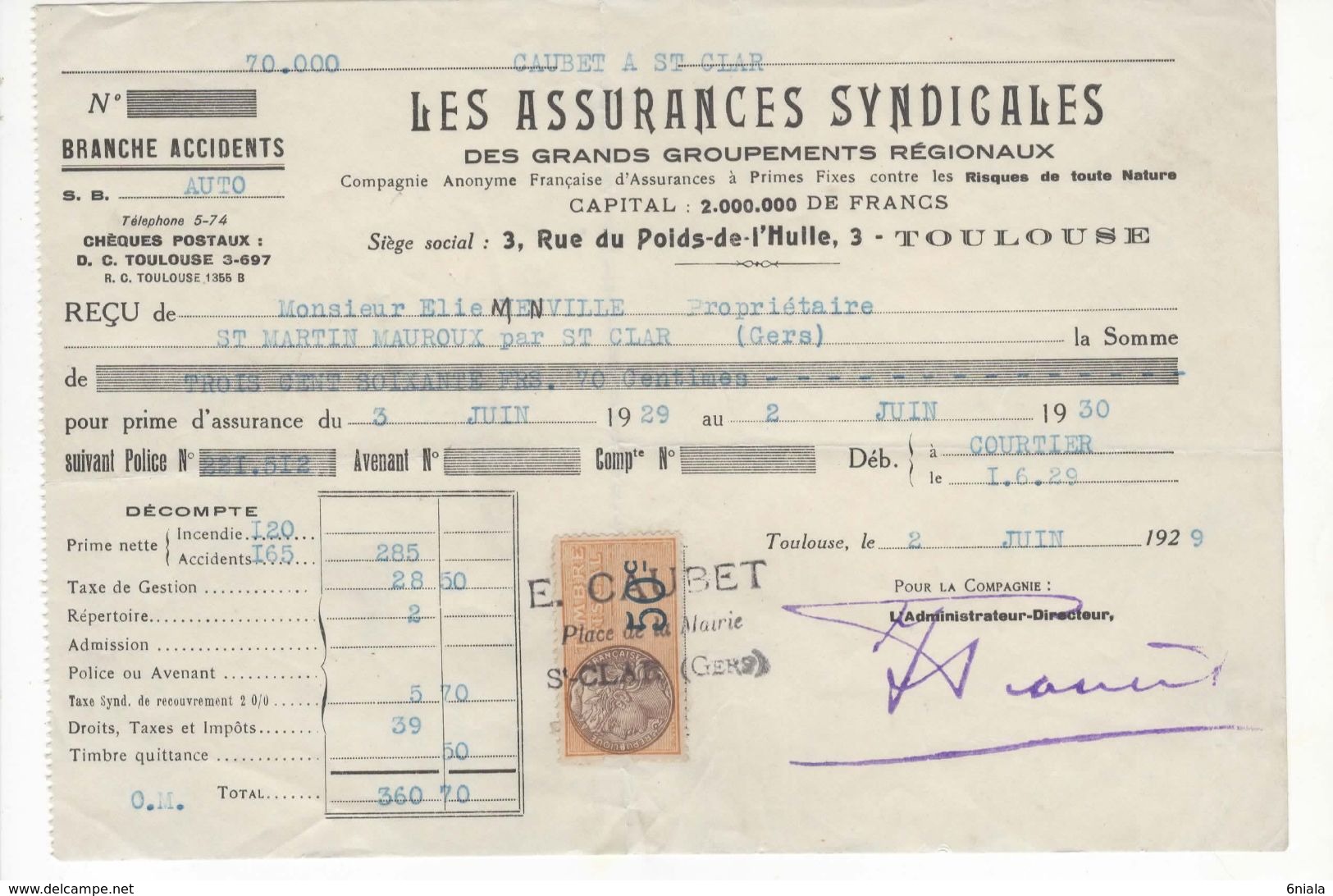 1490 QUITTANCE FACTURE Assurance Syndicales TOULOUSE 1929 AUTO Caubet  32 St Martin St Clar Mauroux Gers Timbre Fiscal - Bank & Insurance