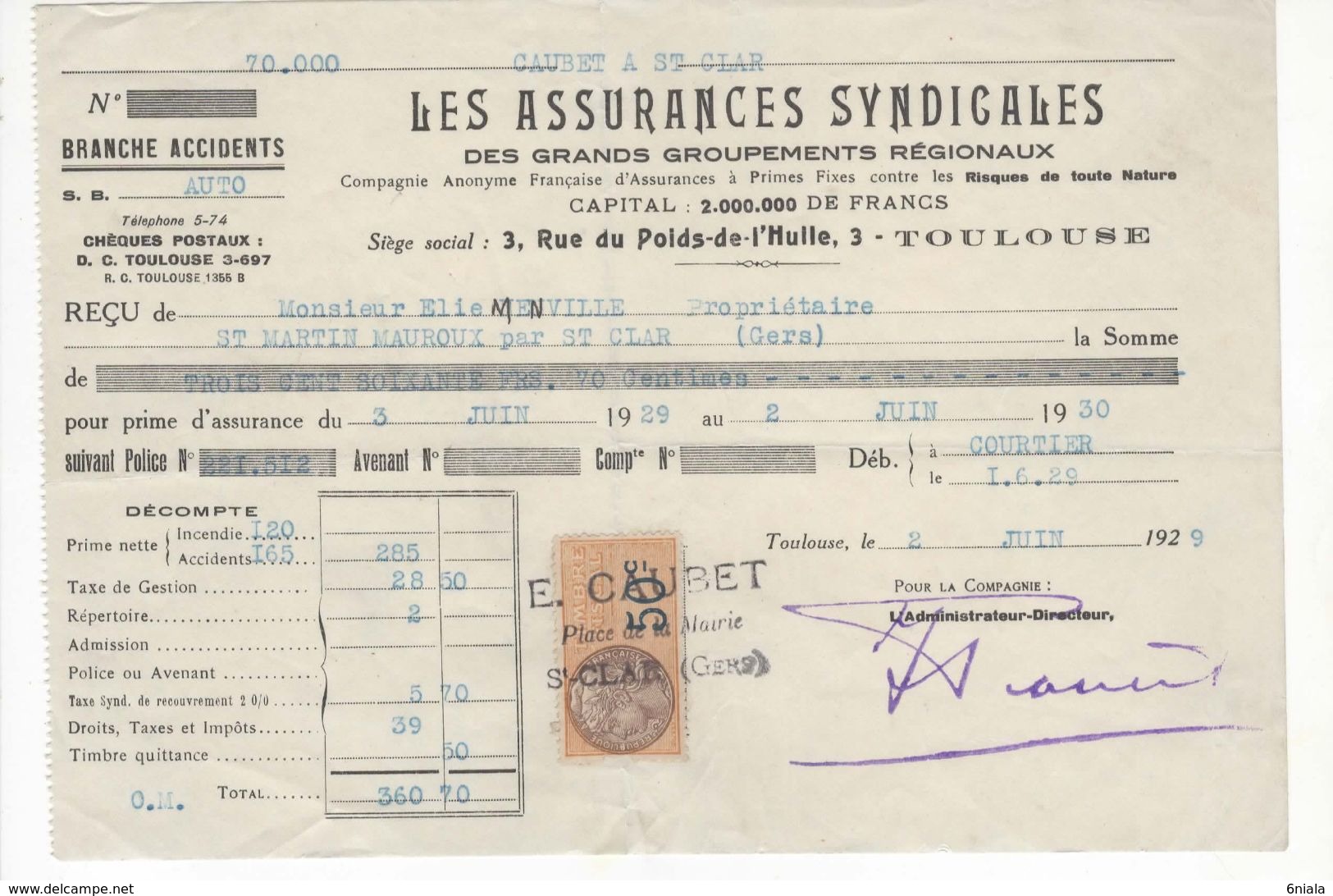 1490 QUITTANCE FACTURE Assurance Syndicales TOULOUSE 1929 AUTO Caubet  32 St Martin St Clar Mauroux Gers Timbre Fiscal - Banque & Assurance