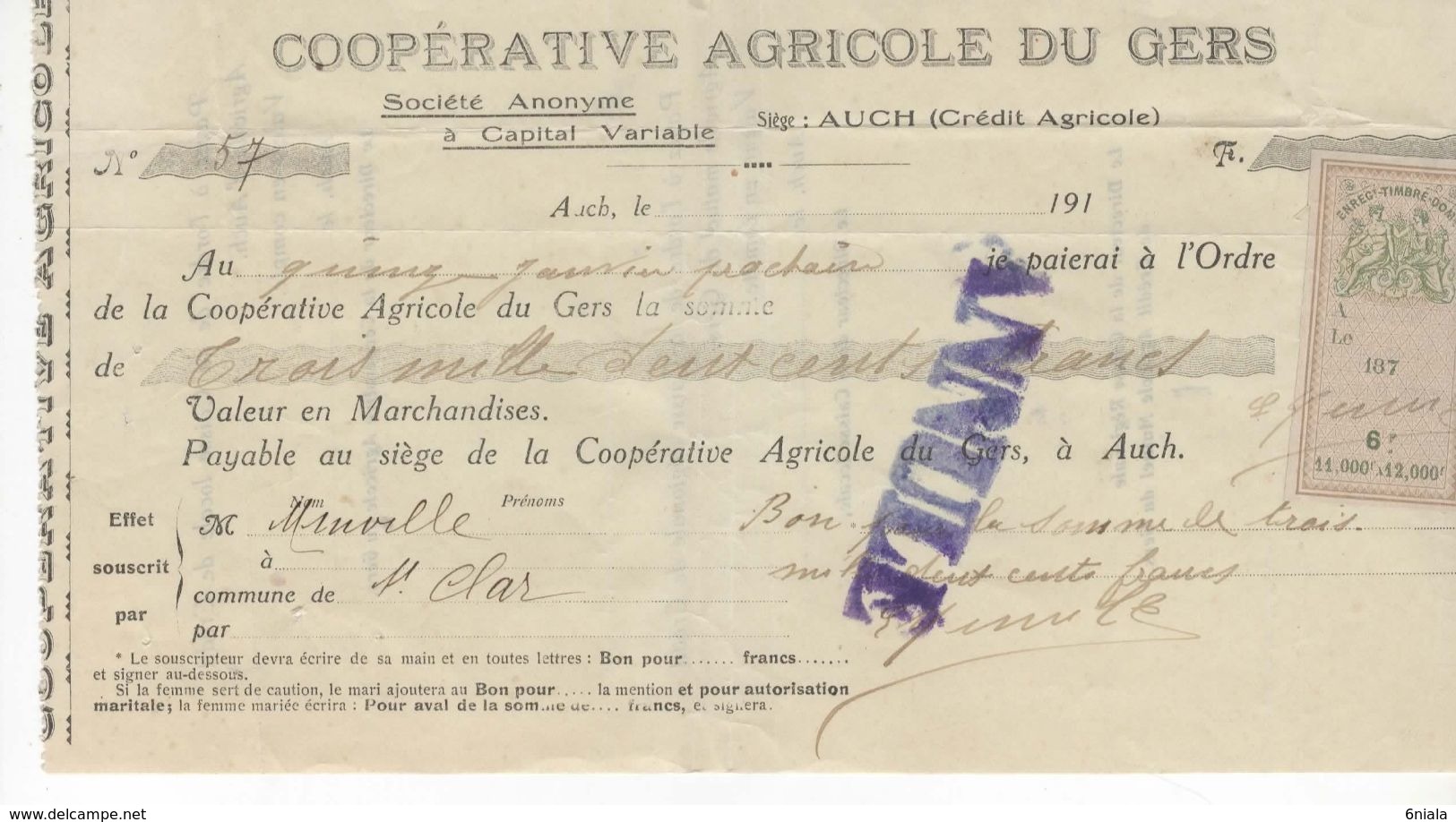 1491 QUITTANCE FACTURE Coopérative Agricole Du GERS Crédit Agricole  Annulé  Auch    32 St  Clar Gers Timbre Fiscal - Banque & Assurance