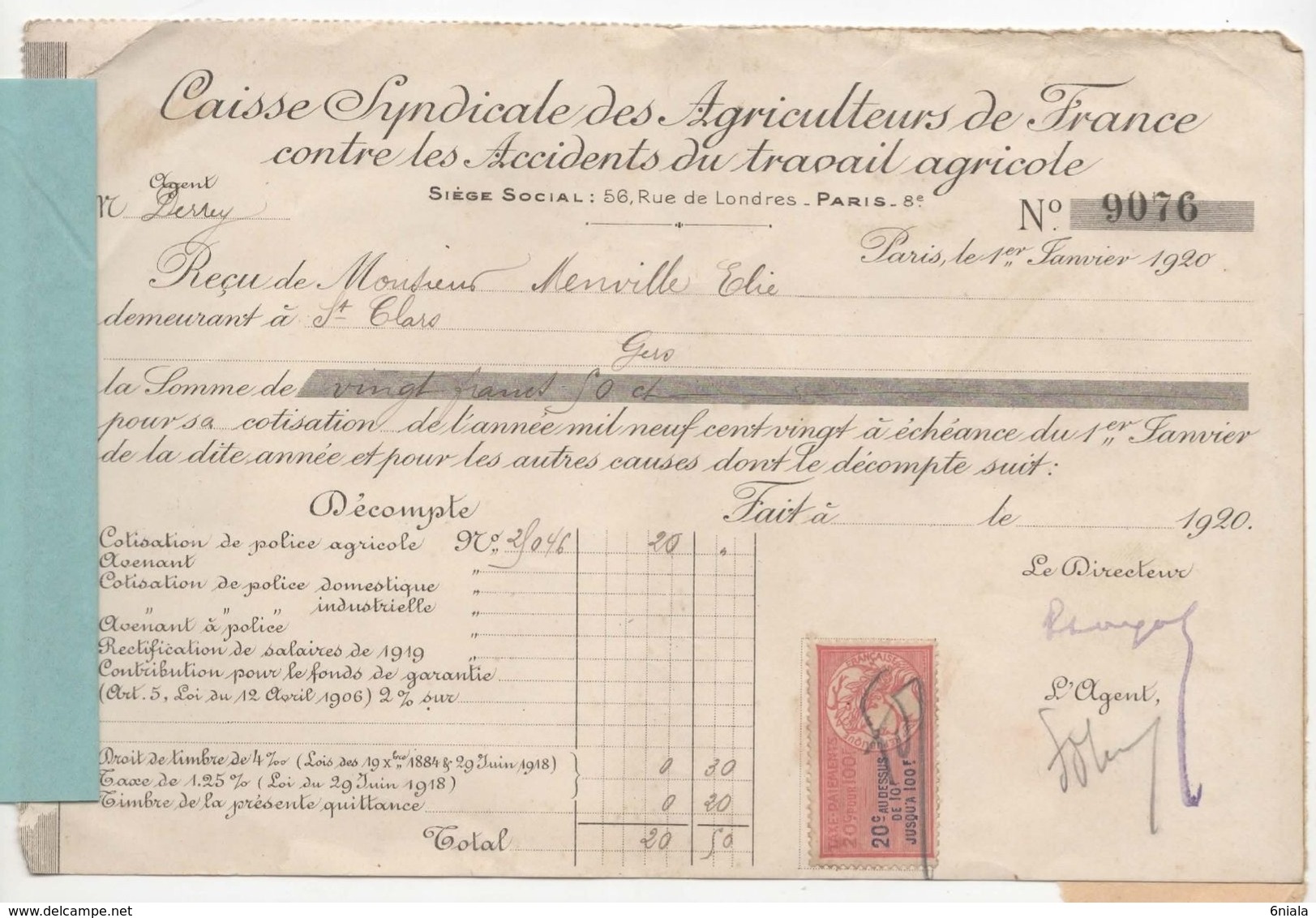 1492 QUITTANCE FACTURE Caisse Syndicale Agriculteurs De France 1 Janvier 1920 32 St  Clar Gers Timbre Fiscal - Banque & Assurance