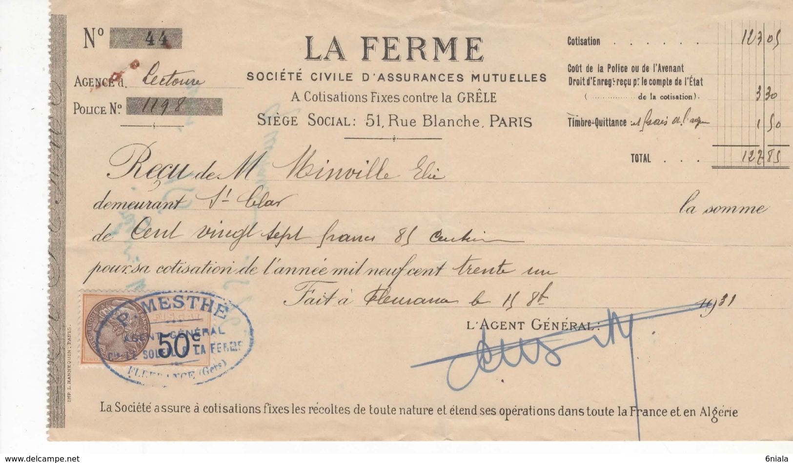 1495 QUITTANCE FACTURE Assurance  La Ferme 1931 Paris  32 MESTHE Fleurance  Lectoure St Clar   Gers Timbre Fiscal - Bank & Insurance