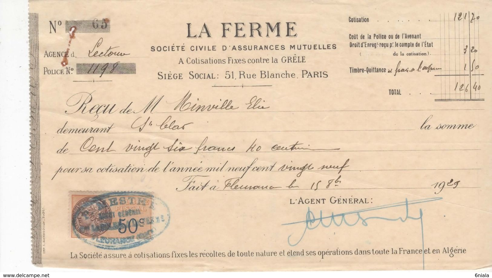 1496 QUITTANCE FACTURE Assurance  La Ferme 1929 Paris  32 MESTHE Fleurance  Lectoure St Clar   Gers Timbre Fiscal - Bank En Verzekering