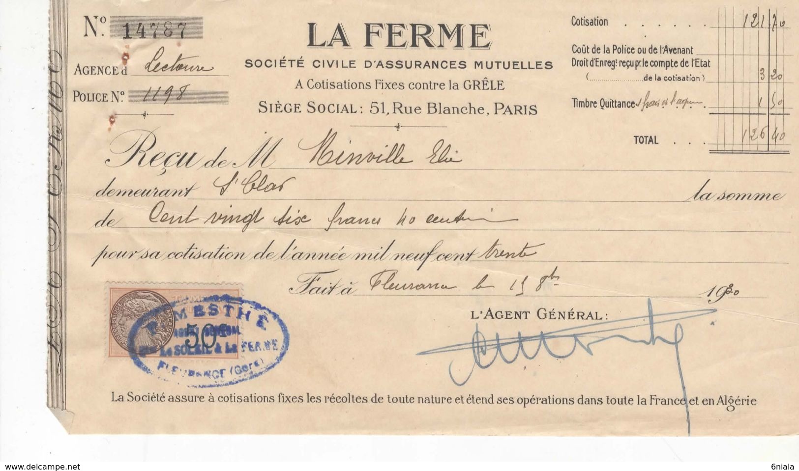 1497 QUITTANCE FACTURE Assurance  La Ferme 1930 Paris  32 MESTHE Fleurance  Lectoure St Clar   Gers Timbre Fiscal - Bank & Insurance