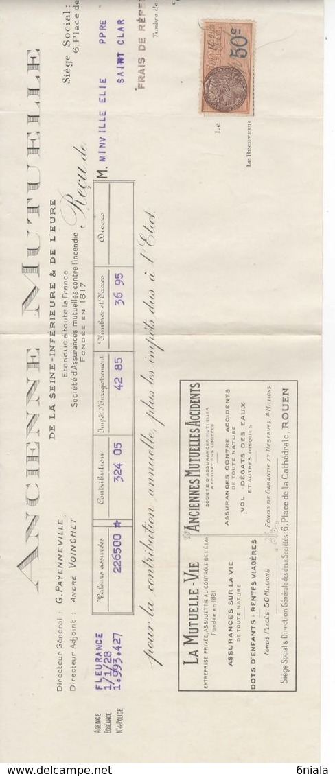 1499 QUITTANCE FACTURE Assurance Ancienne Mutuelle Rouen 1er Janvier 1928  Fleurance St Clar   Gers Timbre Fiscal - Bank & Insurance