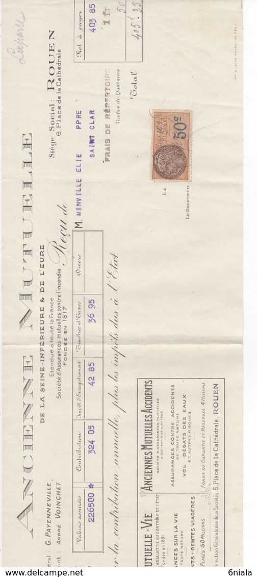 1499 QUITTANCE FACTURE Assurance Ancienne Mutuelle Rouen 1er Janvier 1928  Fleurance St Clar   Gers Timbre Fiscal - Bank & Insurance