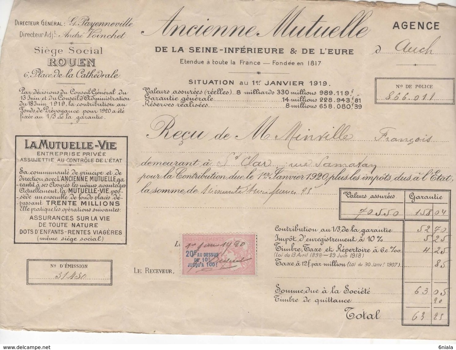 1500 QUITTANCE FACTURE Assurance Ancienne Mutuelle Rouen 1er Janvier 1920  Auch  St Clar   Gers Timbre Fiscal - Bank & Versicherung