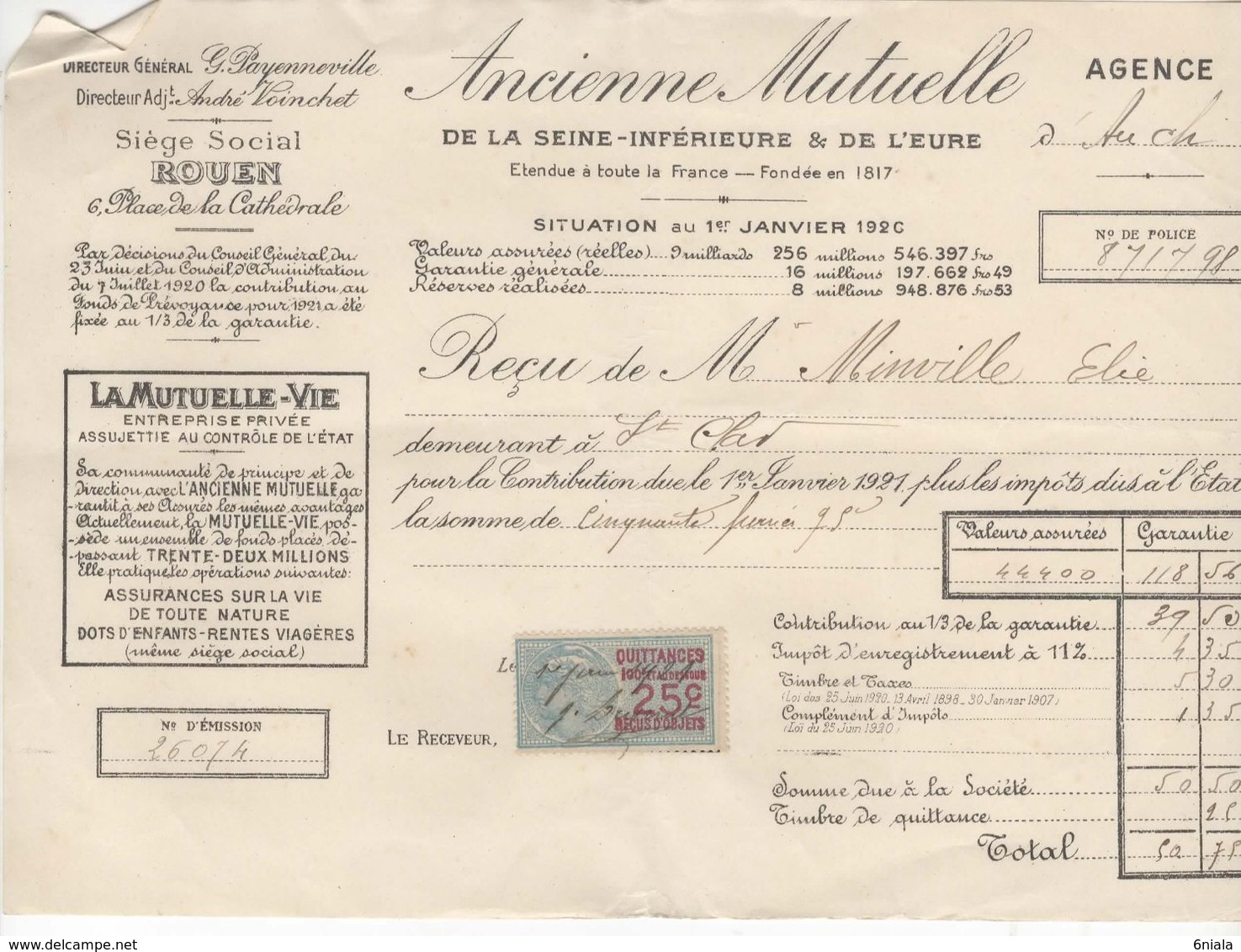 1501 QUITTANCE FACTURE Assurance Ancienne Mutuelle Rouen 1er Janvier 1921  Auch  St Clar   Gers Timbre Fiscal - Bank & Versicherung