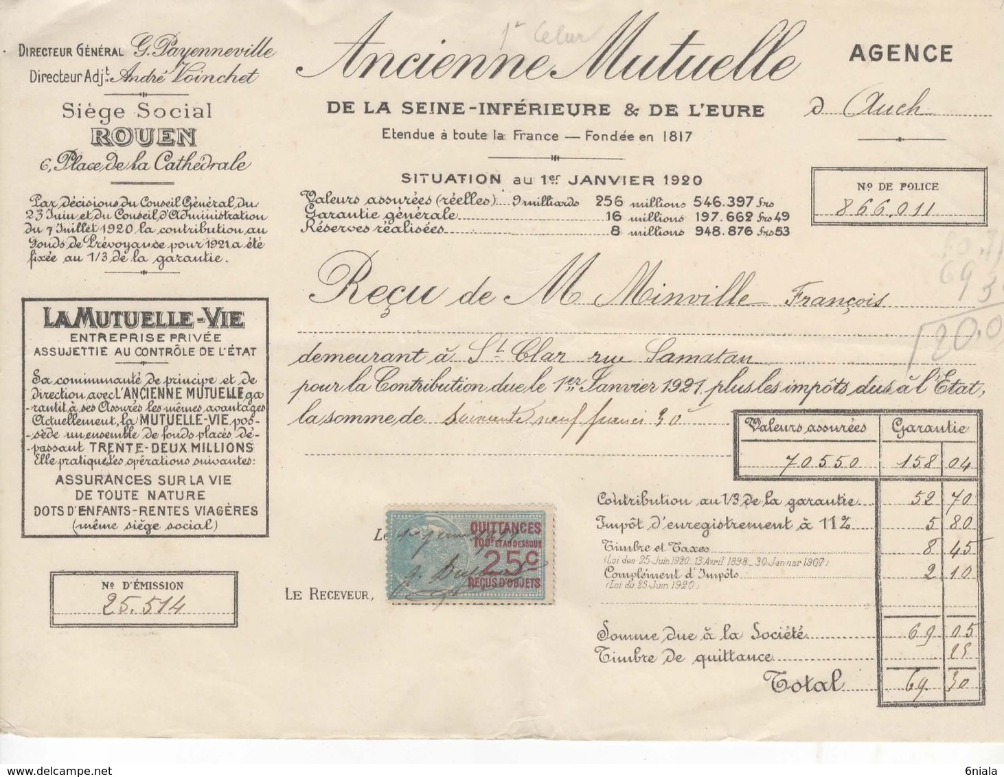 1502 QUITTANCE FACTURE Assurance Ancienne Mutuelle Rouen 1er Janvier 1920  Auch  St Clar   Gers Timbre Fiscal - Bank & Insurance