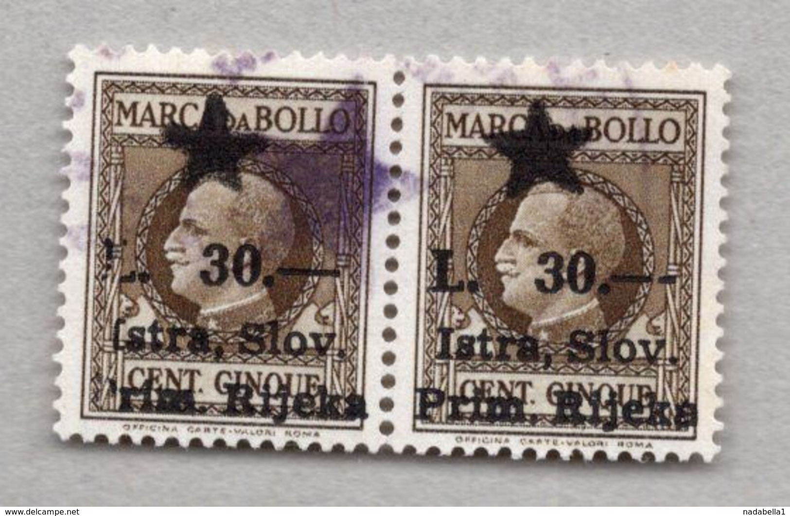 1945 ITALY,SLOVENIA,CROATIA,ISTRIA,FIUME,30 LIRE HORIZONTAL PAIR,REVENUE STAMP,OVERPRINT,USED,ERROR:L ON LEFT STAMP - Fiume & Kupa