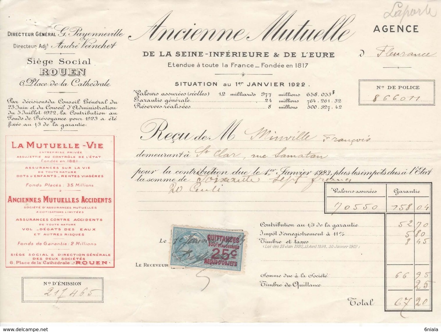 1505 QUITTANCE FACTURE Assurance Ancienne Mutuelle Rouen 1er Janvier 1923 Fleurance St Clar   Gers Timbre Fiscal - Bank & Insurance
