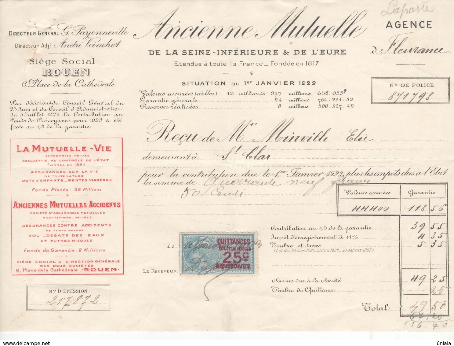 1506 QUITTANCE FACTURE Assurance Ancienne Mutuelle Rouen 1er Janvier 1923 Fleurance St Clar   Gers Timbre Fiscal - Banque & Assurance