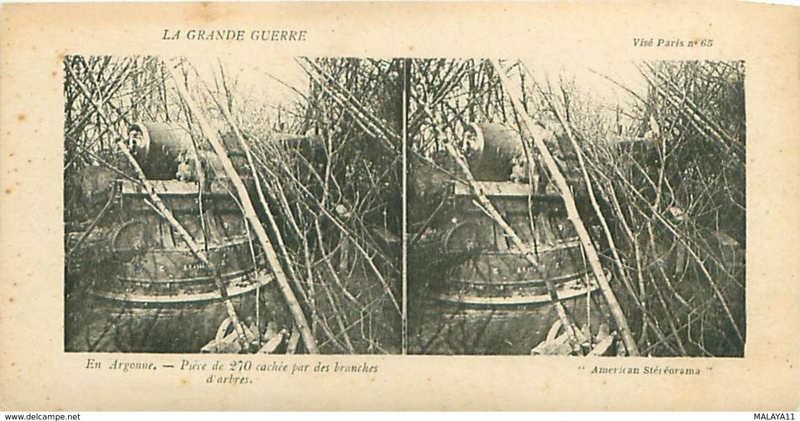 LA GRANDE GUERRE - EN ARGONNE - PIÈCE DE 270 CACHÉE PAR DES BRANCHES D'ARBRES - Stereoscope Cards