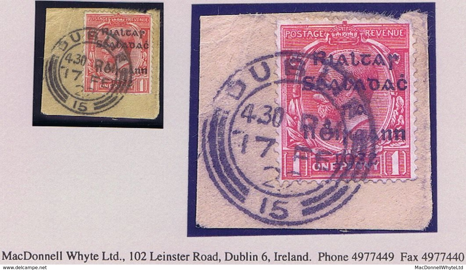 Ireland First Day 1922 Dollard Rialtas 1d Used On Piece First Day Of Issue Cds DUBLIN 17 FE 22 Slight Creasing - Oblitérés