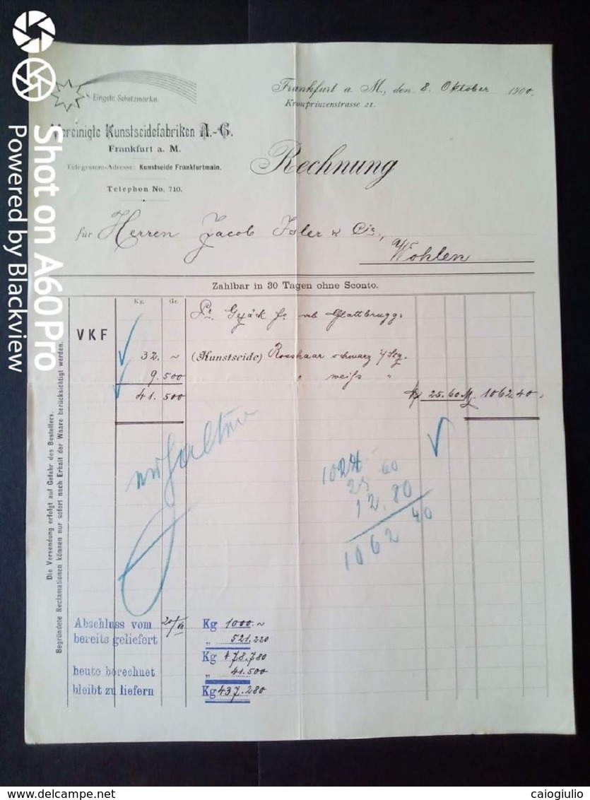 1900 - FATTURA - VERCINIGTE KUNSTSEIDEFABRIKEN A.G. (FABBRICHE DI SETA ARTIFICIALE STAMPATE) - FRANKFURT X WOHLEN - Textile & Vestimentaire