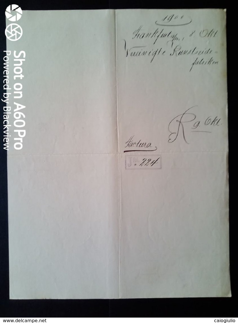 1900 - FATTURA - VERCINIGTE KUNSTSEIDEFABRIKEN A.G. (FABBRICHE DI SETA ARTIFICIALE STAMPATE) - FRANKFURT X WOHLEN - Kleding & Textiel