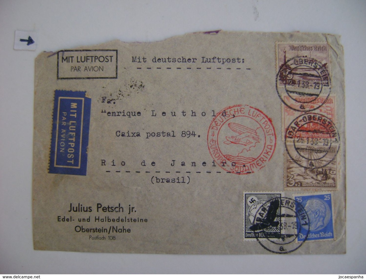 GERMANY - LETTER SENT FROM IDAR-OBERSTEIN TO RIO DE JANEIRO (BRAZIL) VIA LUFTPOST IN 1938 IN THE STATE - Other & Unclassified
