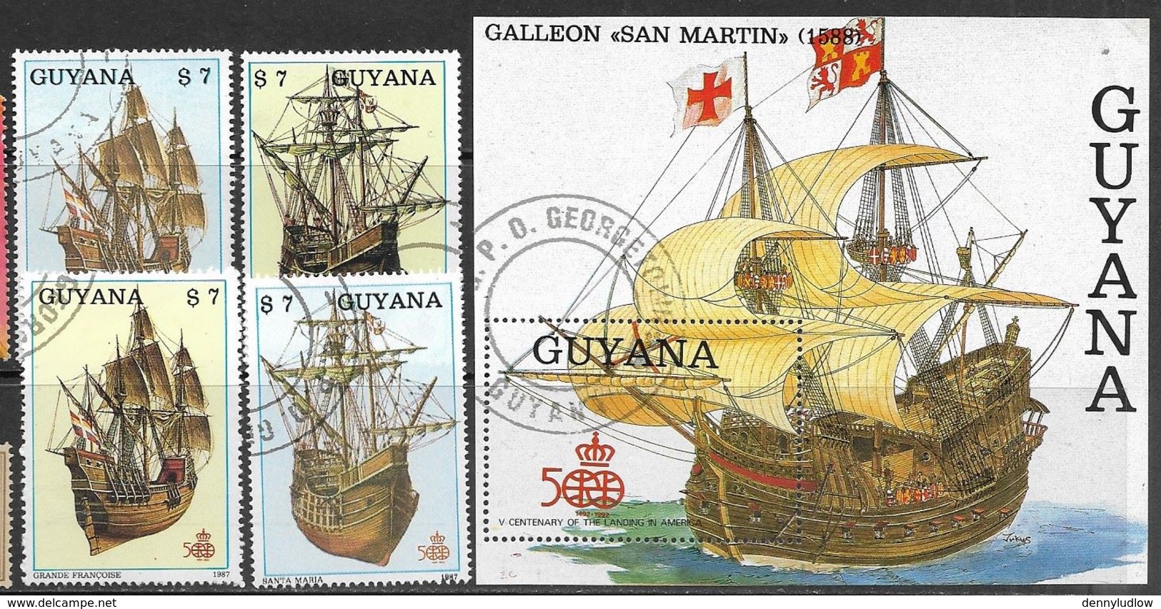 Guyana   1988   Sc#1867-9  Ships Set & Souv Sheet  Used  2016 Scott Value $24 - Guyana (1966-...)