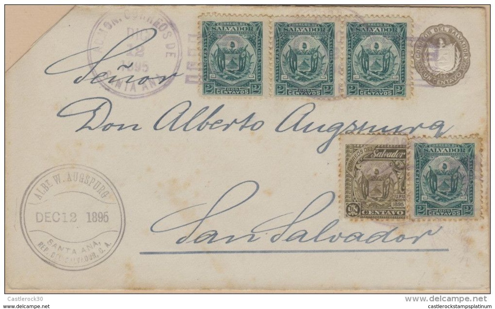 O) 1895 EL SALVADOR, UPRATED SANTA ANA, COAT OF ARMS 2c, COAT OF ARMS 1c, POSTAL STATIONERY 1c - STATIONARY, ALB T AUGSP - El Salvador