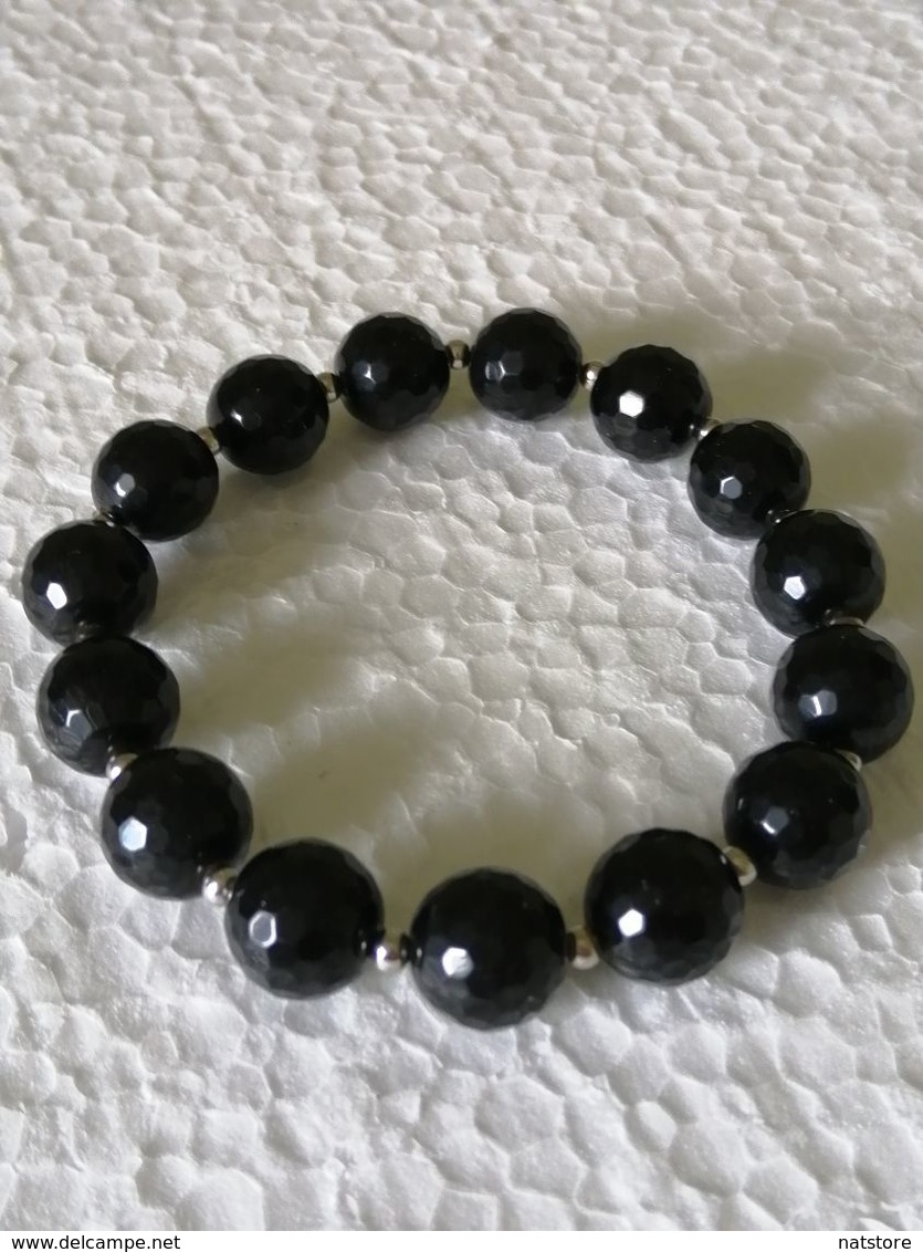 New Handmade Black Onyx Faceted Natural Stretch Bracelet 12 Mm - Pulseras