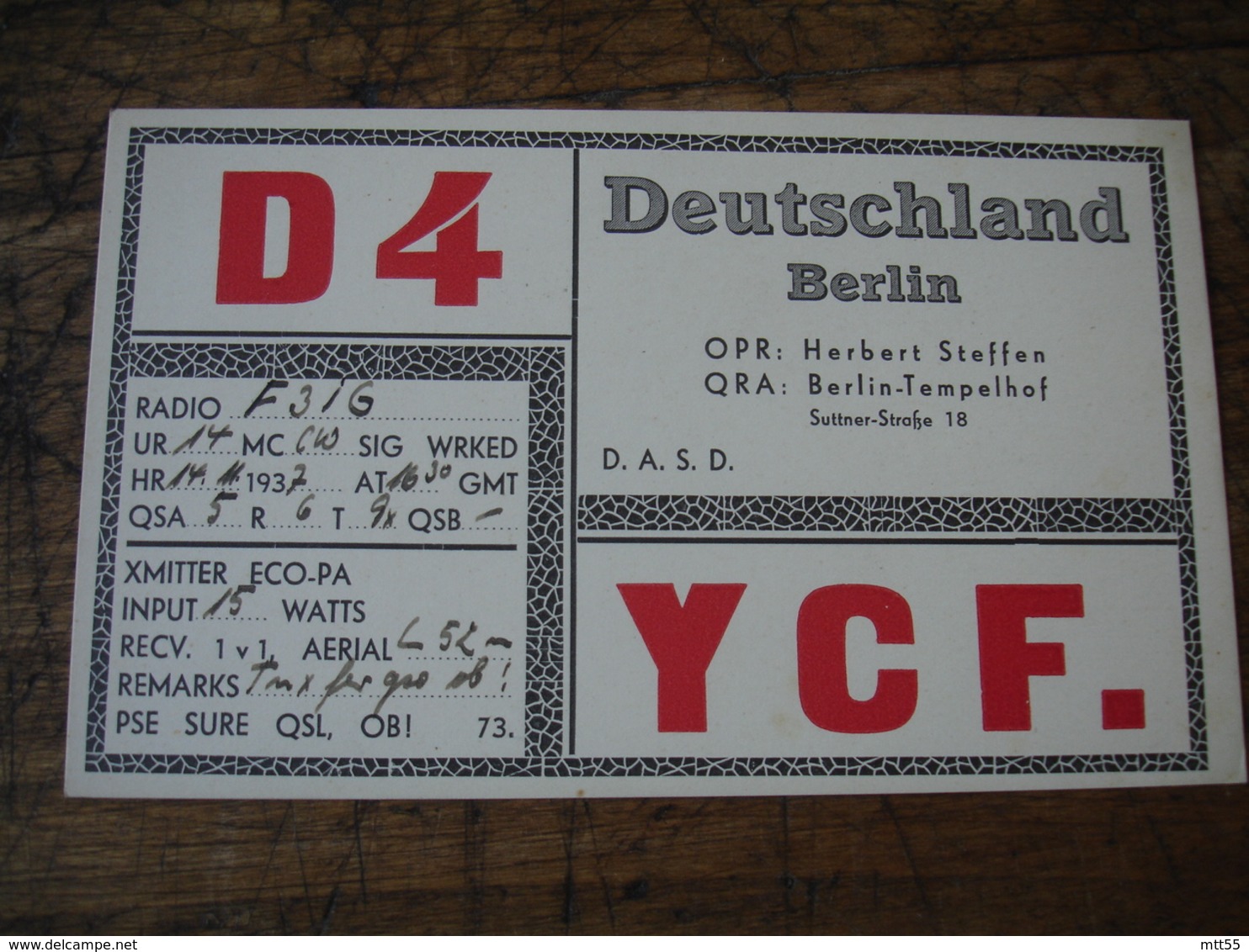 1937 Berlin D4ycf Carte Qsl Radio Amateur - Radio Amateur