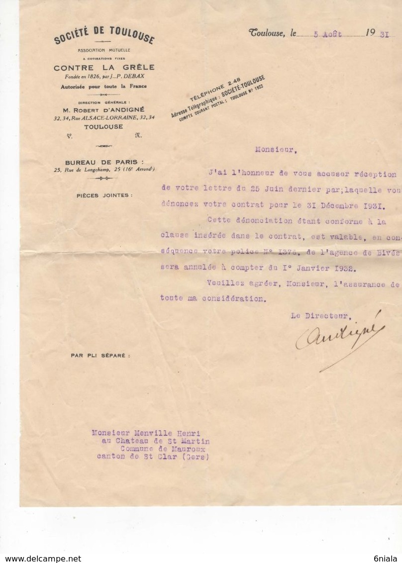 1515 LETTRE  Société De Toulouse  Robert D'ANDIGNE  32 34 Rue Alsace Lorraine 31 Association Mutuelle Assurance  1931 - Banca & Assicurazione