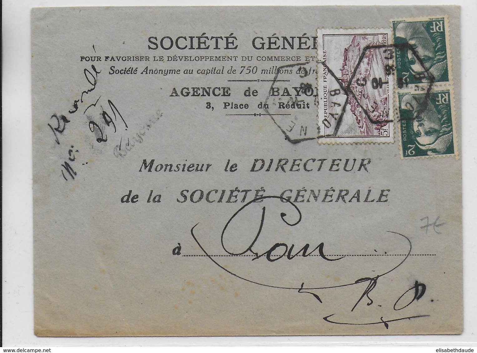 1946 - BASSES PYRENEES - CACHET HEXAGONAL De BAYONNE RECETTE AUXILIAIRE C Sur ENVELOPPE RECOMMANDEE PROVISOIRE => PAU - 1921-1960: Modern Period