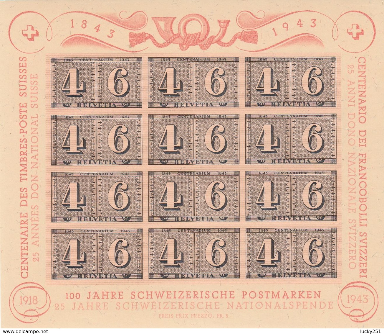 Suisse - Blocs & Feuillets - Neuf** - N°YT BF 8  - Centenaire Des Timbres Poste Suisse - Blocs & Feuillets